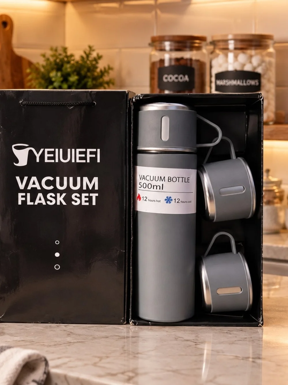 Yeiuiefi vacuum Flask Set - Gray Bottle Set with Cups - 500ml non Breakable.